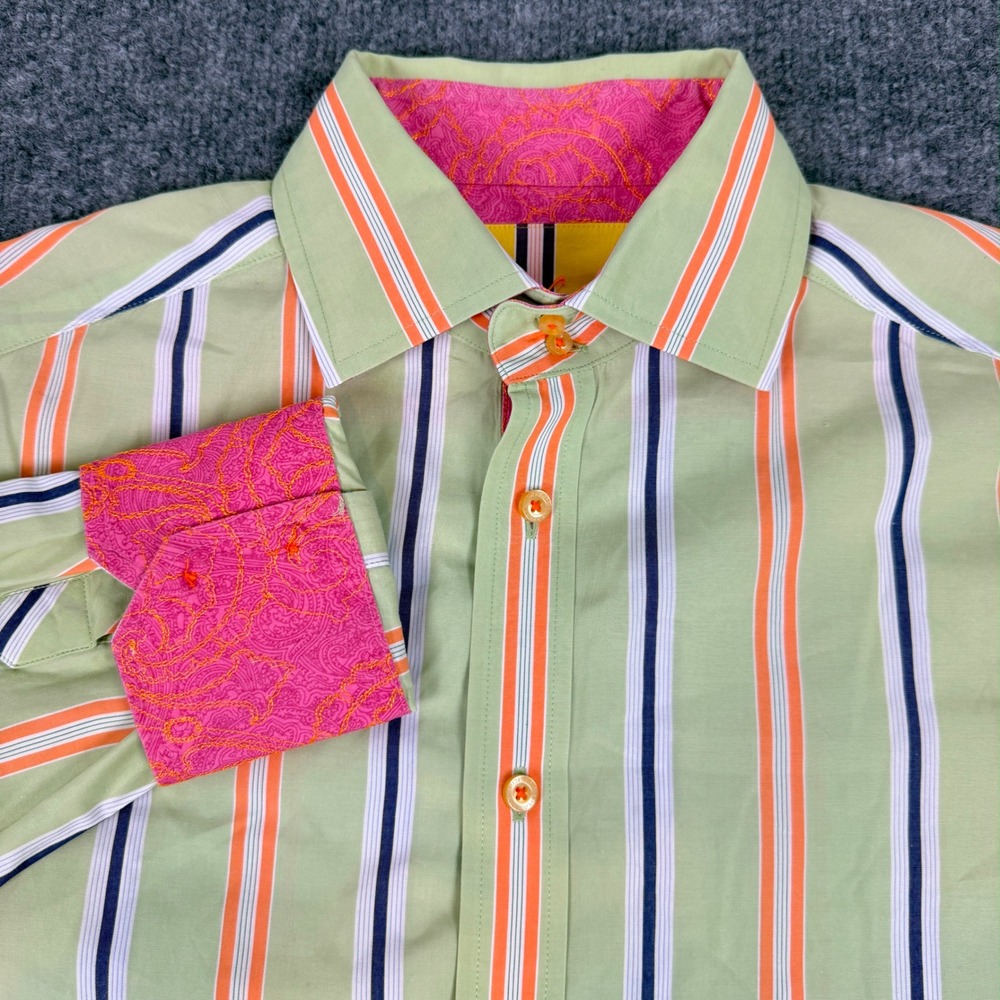 Robert Graham Striped Paisley Flip Cuff Shirt Mens L Green Cotton Button Up EUC